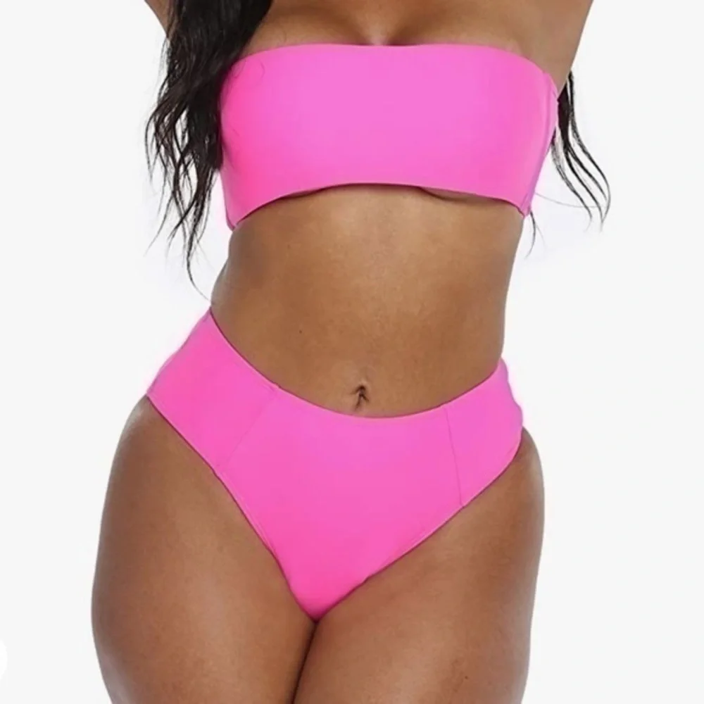 High Waist Bikini Two Piece Bandeau Neon Pink